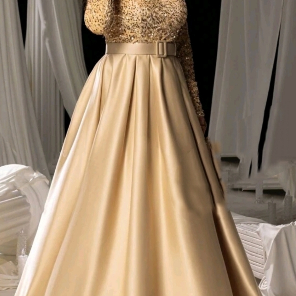 Gold Sequin Embellished Gown with Mock Neck and Bishop Sleeves